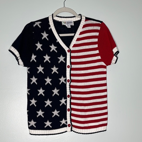 Vintage 4th of July short sleeve button up American Flag sweater size small - Picture 5 of 11